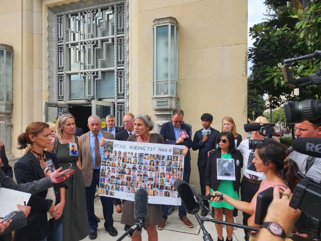 Various family members who lost loved ones in the Boeing crash, speak to the media following Friday’s hearing outside the federal courthouse in Fort Worth, Texas.