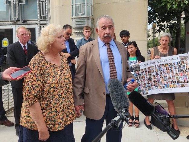 Various family members who lost loved ones in the Boeing crash, speak to the media following Friday’s hearing outside the federal courthouse in Fort Worth, Texas. 