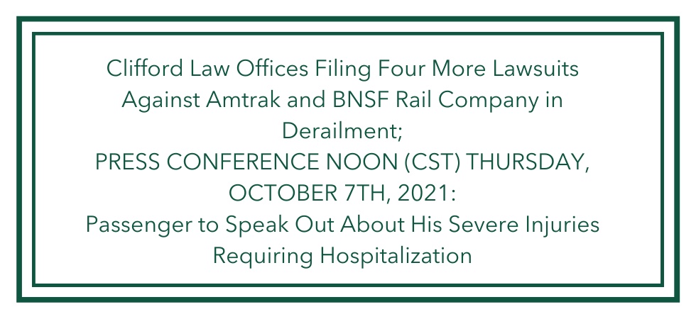 Clifford Law Offices Filing Four More Lawsuits Against Amtrak and BNSF Rail Company in Derailment